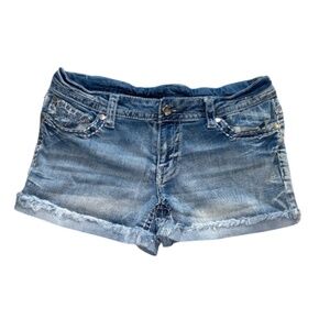 Knox Rose Midi Short Rolled Hem Cuffed Denim Shorts Embroidered Pocket Size 12